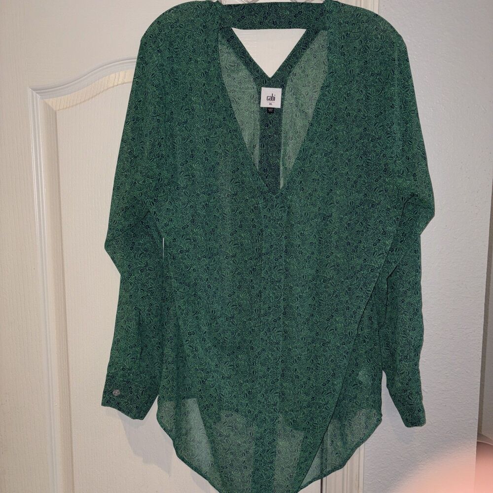 CAbi Green Floral V-Neck Bountiful Sheer Long Sleeve Top Women's Size XL 5208
